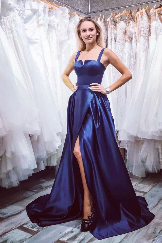 Simple Satin Blue Long Prom Dresses A Line Straps Evening Dress OKQ51