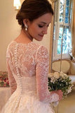 A-line V-neck Long Sleeves Court Train Tulle Wedding Dresses With Lace Appliques OK526