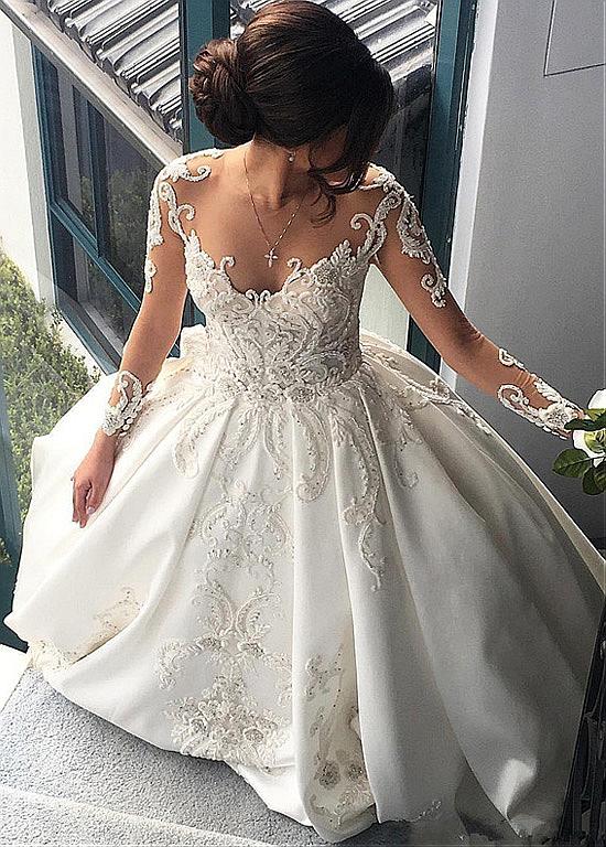 Attractive Satin Sheer Jewel Neckline Long Sleeves Wedding Dress With Lace Appliques OK869