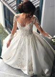 Attractive Satin Sheer Jewel Neckline Long Sleeves Wedding Dress With Lace Appliques OK869