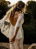 Mermaid Scoop Half Sleeves Backless Long Wedding Dress With Lace Appliques OK1514