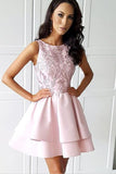 Pretty Bateau Short Pink Satin Homecoming Party Dress with Appliques OKO51