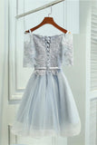 A-Line Off-the-Shoulder Short Half Sleeves Grey Tulle Homecoming/Prom Dresses OK318