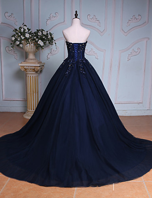 Navy Blue Ball Gown Court Train Sweetheart Strapless Appliques Prom Dresses OK625