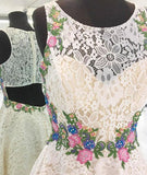 White Lace Short Prom Dresses, Floral Appliques homecoming dress OKP60