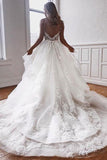 A-line Off White Sweetheart Spaghetti Straps Tulle Lace Appliques Long Wedding Dress OKY6