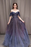 Dark Purple Sweetheart Neck Tulle Long Prom Dress A-line Ruffles Formal Dress OK1162