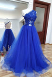 A Line Tulle Lace Long Prom Dresses Royal Blue Formal Evening Dress OKQ36