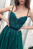 Green A Line Tulle Spaghetti Straps Beaded Long Prom Dresses OKP76