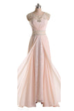 Pink Cap Sleeves Lace Long Beaded Chiffon Prom Dress
