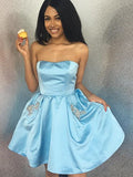 Simple A Line Strapless Short Homecoming Dresses with Pockets OKO4