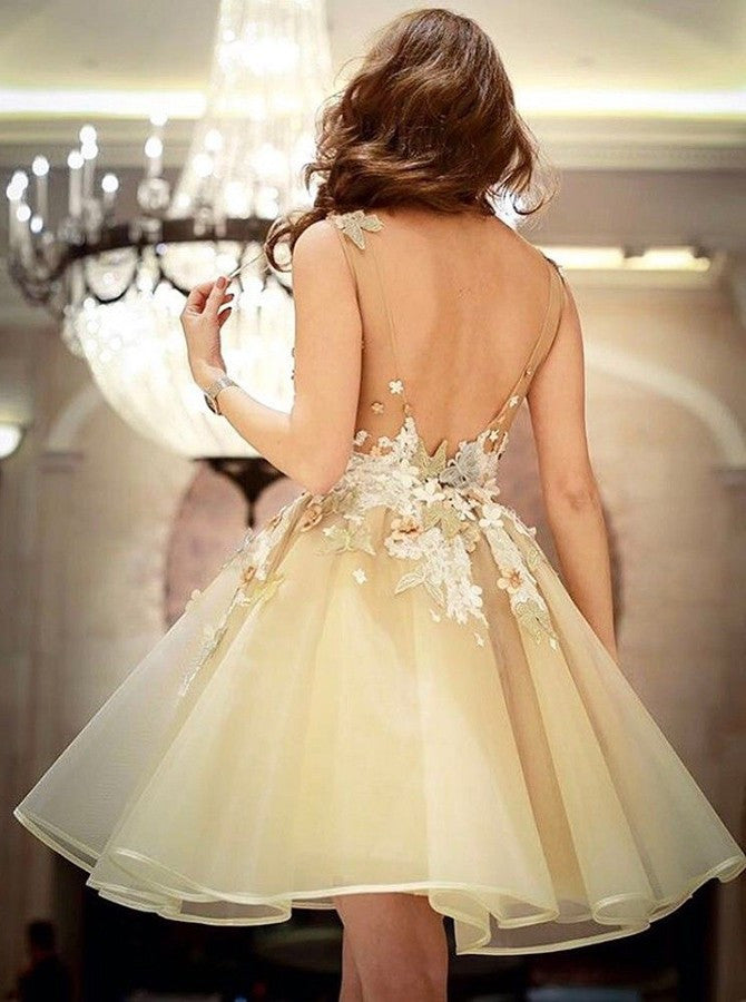 A-Line Scoop Backless Short Sleeveless Organza Homecoming Dresses with Appliques OK228