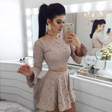 Two Piece A-Line Long Sleeves Lace Short Homecoming Dresses OKM14