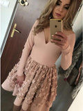 A-line Nude Long Sleeve Short Homecoming Party Dresses with Flowers OKO57