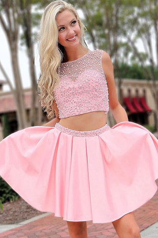 Boat Neck Two Piece Pink A Line Homecoming Dresses with Beading OKO30