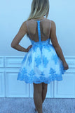 Halter A Line Lace Appliques Short Sky Blue Homecoming Dresses OKO26