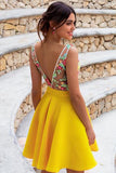 V Neck Backless Floral Embroidery Daffodil Homecoming Dresses OKN36