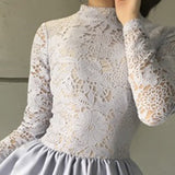 Cute A Line Jewel Long Sleeves Grey Short Homecoming Dress with Lace Top OKD35