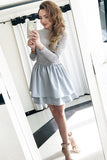 Cute A Line Jewel Long Sleeves Grey Short Homecoming Dress with Lace Top OKD35