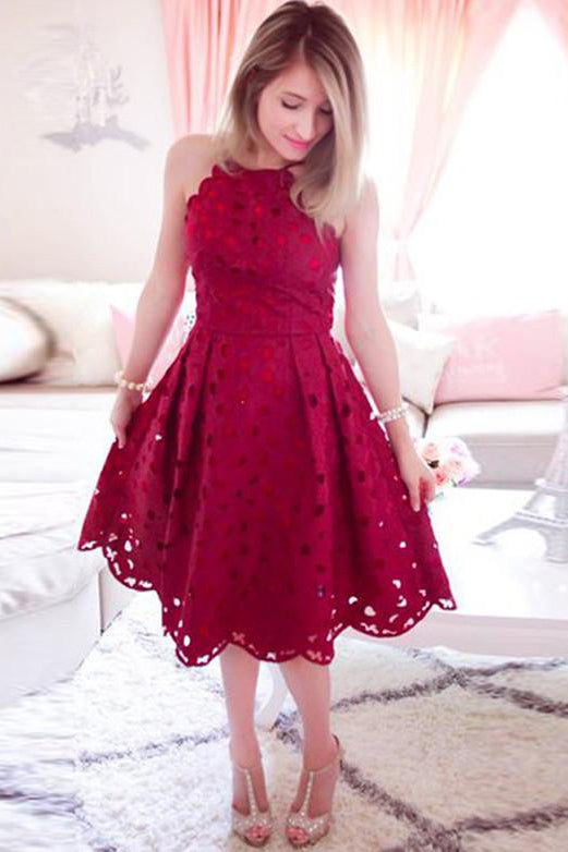Halter Lace Knee Length Red A Line Homecoming Dresses OKO28