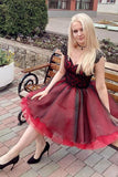 Cap Sleeves Black Lace Appliques Red Homecoming Dresses OKO31