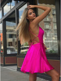 Fancy Spaghetti Straps Fuchsia Above Knee Split Homecoming Dress OKO34