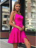 Fancy Spaghetti Straps Fuchsia Above Knee Split Homecoming Dress OKO34