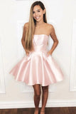 Elegant Strapless Pink Satin Homecoming Dresses with Beading Pockets OKO40