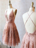 Spaghetti Straps Short Pink Homecoming Dresses Criss Cross Back OKO75