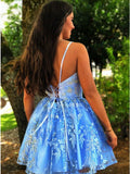 A Line Spaghetti Straps Blue Homecoming Dress With Appliques OKO35