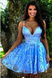 A Line Spaghetti Straps Blue Homecoming Dresses With Appliques OKO35