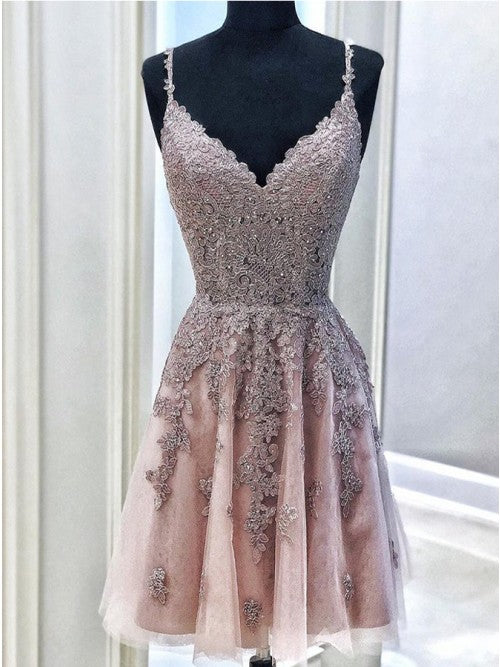 V-Neck Short Prom Homecoming Dresses with Appliques Beading OKO36