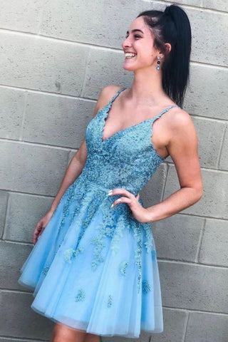 Modest A-Line Blue V-neck Homecoming Dresses with Appliques OKO37