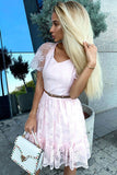 V-neck Short Sleeves Pink Lace Homecoming Party Dresses with Belt OKO67