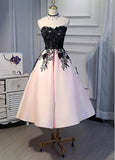 Cute Pearl Pink Sweetheart Tea Length Satin Homecoming Dress With Black Lace Applique OKZ55