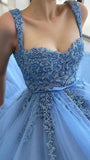 A Line Blue Appliques Prom Dress Long Formal Evening Party Dress Celebrity Gown OK1633