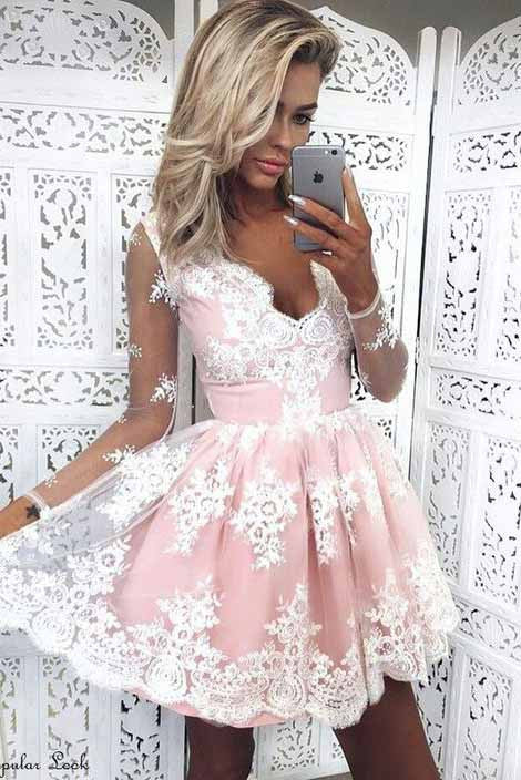 Cute Homecoming Dresses,A Line Homecoming Dresses,Lace Homecoming Dresses,Short Prom Dresses,Lace Prom Dresses,Pink Prom Dress For Teens,Graduation Party Dresses,Sweet 16 Dresses,Long Sleeves Homecoming Dresses