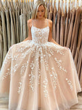 Elegant Spaghetti Straps A Line Tulle Long Lace Appliques Prom Dress OKZ22