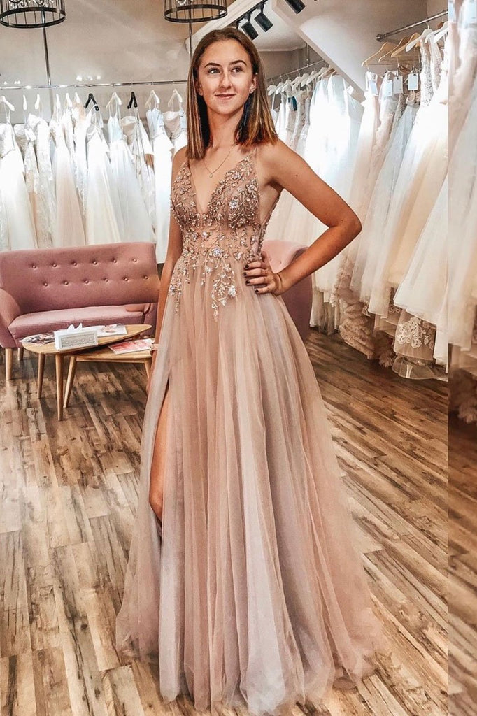 A Line Tulle V Neck Applqiues Prom Dress With Slit OKQ3
