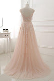 Round Neck Lace Appliques Prom Dresses,Tulle A Line Evening Dresses OK427