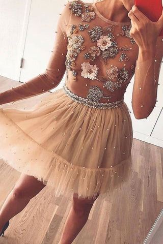 Tulle Beads Short Prom Dresses, Long Sleeves Flowers Homecoming Dress OKP47