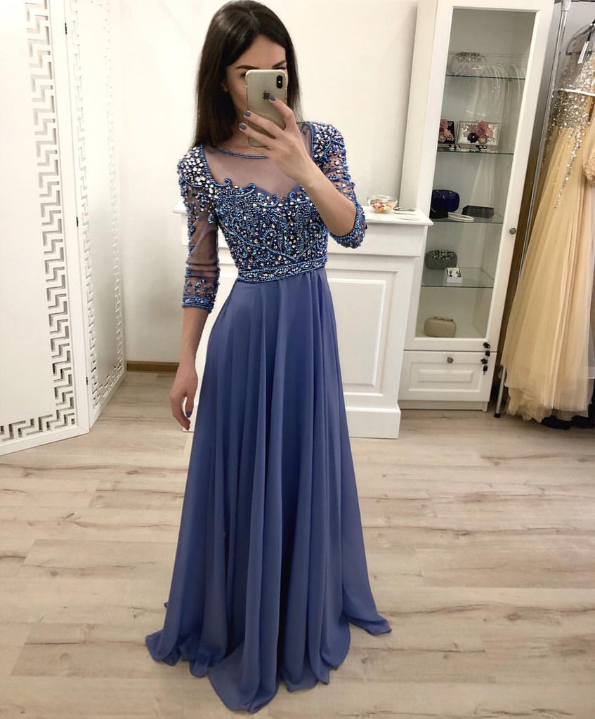 Chiffon A Line 3/4 Sleeves Beaded Blue Long Prom Dress, Formal Party Dress OKI18