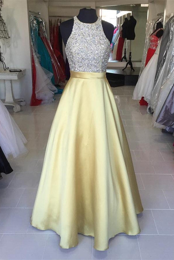 Yellow Satin Long Halter Beading Simple Cheap Prom Dress K697