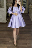 Short Satin Lilac Homecoming Dress Long Ruffles Puffy Sleeves Graduation Dress OK1468