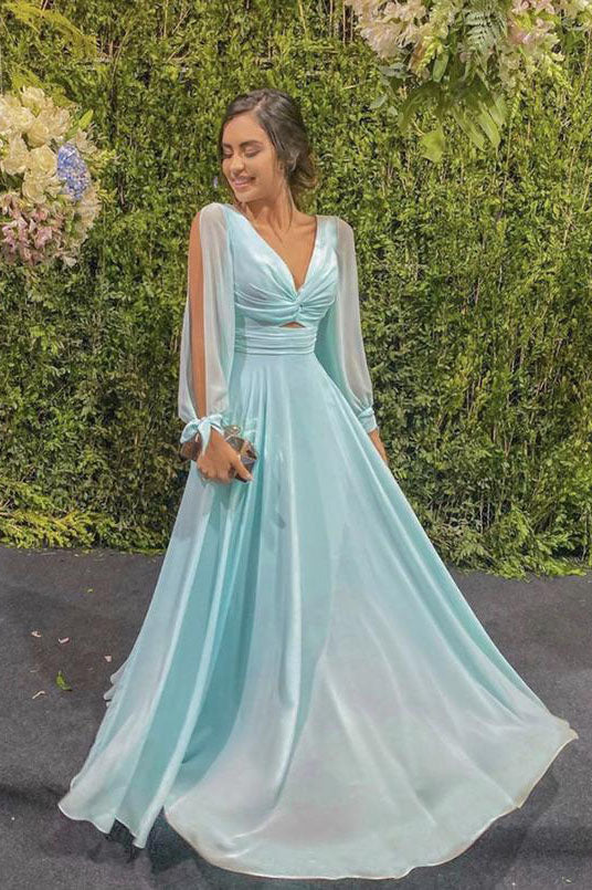 Chic Mint Green Long Sleeves Prom Dress A Line Simple Evening Dress OK1217