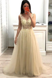 V Neck A Line Tulle Beads Long Prom Dress Formal Evening Dress OK1252