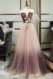 Unique A Line Tulle Applique Long Prom Dress Formal Evening Dress OK1249