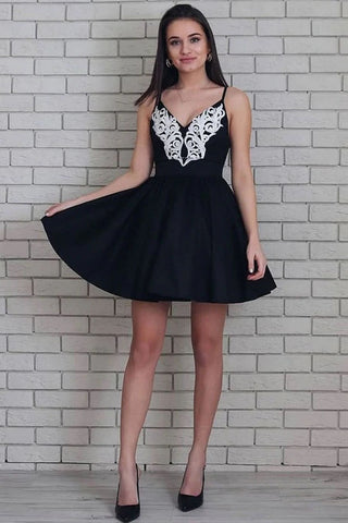 Cute A Line V neck Lace Appliques Short Prom Dress Black Homecoming Dress OK1469
