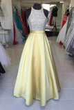 Yellow Satin Long Halter Beading Simple Cheap Prom Dress K697