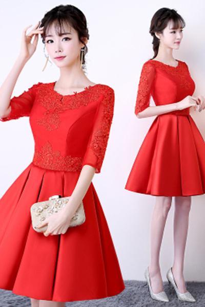 A-Line Solid Color Half Sleeve Homecoming Dresses Short Prom Dress With Appliques OK383